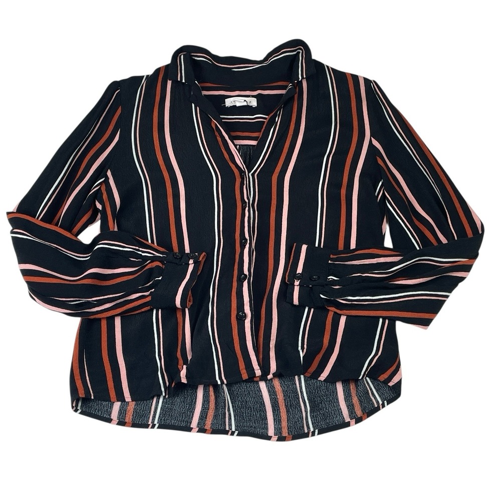 Topshop Women's Striped Button-Down Blouse Blak Orange Pink Long Sleeve size 4